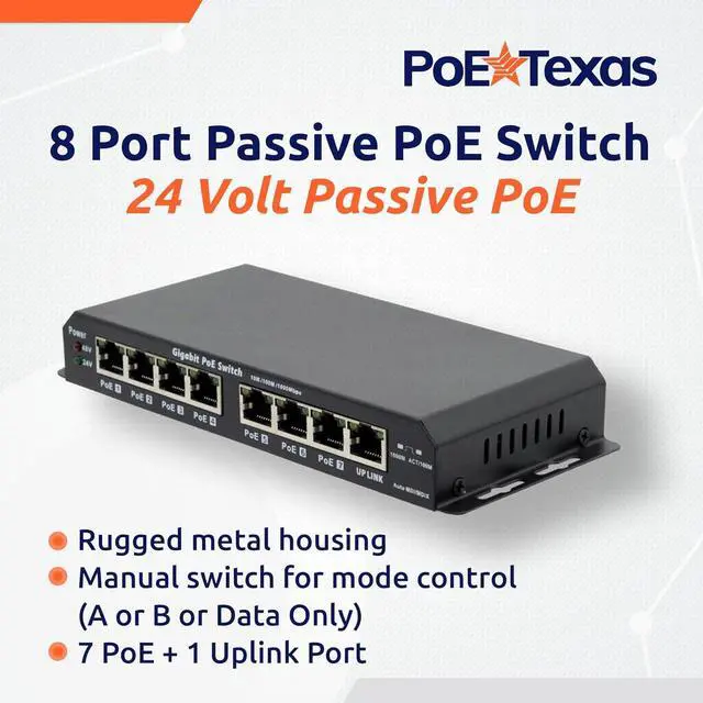 Alt view image 2 of 6 - 8 Port Passive PoE Switch - 24v Passive Unmanaged Network Gigabit PoE Switch w/ 1 Uplink Port, Power 7 Devices, Includes 24 Volt 60 Watt Power Supply, for Ubiquiti & Mikrotik Devices