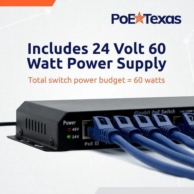Alt view image 6 of 6 - 8 Port Passive PoE Switch - 24v Passive Unmanaged Network Gigabit PoE Switch w/ 1 Uplink Port, Power 7 Devices, Includes 24 Volt 60 Watt Power Supply, for Ubiquiti & Mikrotik Devices