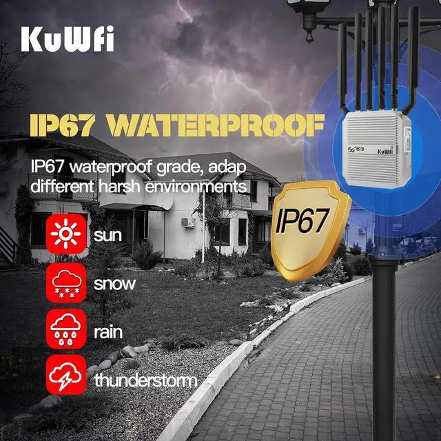 Alt view image 2 of 7 - KuWFi Outdoor 5G Router Dual SIM, AX3000 WiFi 6 CPE, IP67 Waterproof, 4x4 MIMO 2500Mbps, Qualcomm IPQ5018/SDX62, Band Lock VPN TTL, Detachable Antennas