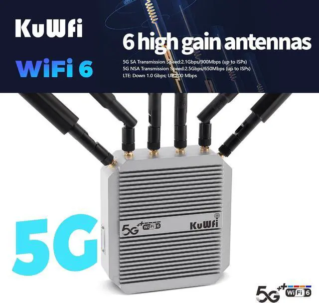 Alt view image 3 of 7 - KuWFi Outdoor 5G Router Dual SIM, AX3000 WiFi 6 CPE, IP67 Waterproof, 4x4 MIMO 2500Mbps, Qualcomm IPQ5018/SDX62, Band Lock VPN TTL, Detachable Antennas