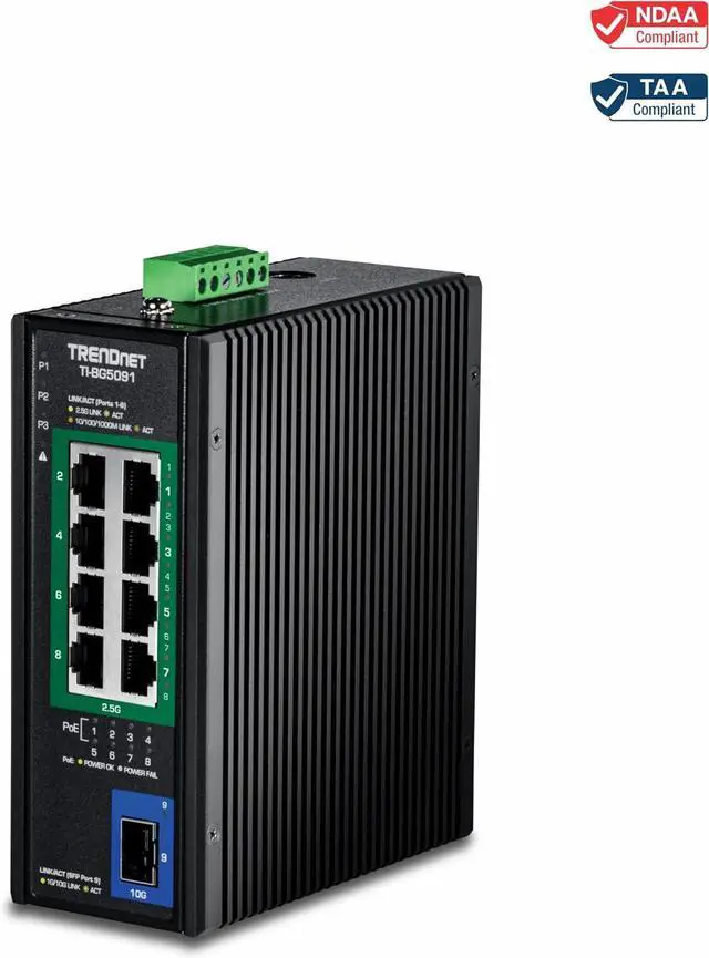 Alt view image 3 of 7 - TRENDnet 9-Port Industrial 2.5G DIN-Rail PoE++ Switch with 10G SFP+ Port, TI-BG5091, Multi-Gigabit, 8 x 2.G PoE++ Ports, 1 x 10G SFP+ Port, 480W PoE Power Budget, 60Gbps, Lifetime Protection, Black