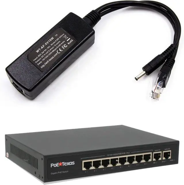 Main image of PoE Texas 802.3af Power Over Ethernet PoE Splitter with 5 Volts 10 Watts Output and 8 Port PoE Switch