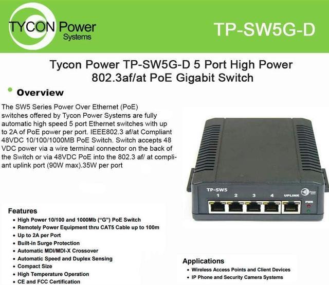 Main image of Tycon Power (TP-SW5G-D) 5 Port High Power 802.3af/at PoE Gigabit Switch