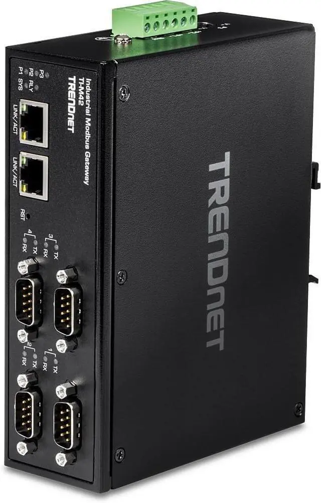 Main image of TRENDnet 4-Port Fast Ethernet Industrial Modbus Gateway, 4 x Serial DB-9 Ports, 2 x Fast Ethernet Ports, Up to 100m (328 ft), IP30 Rated Housing, Extreme Temperature Protection, Black, TI-M42