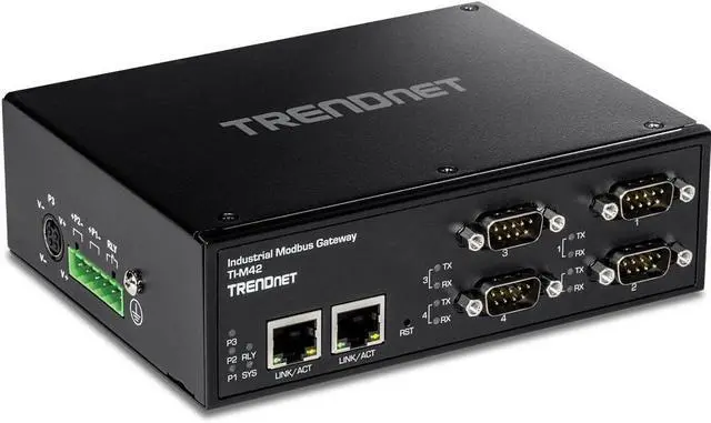 Alt view image 3 of 3 - TRENDnet 4-Port Fast Ethernet Industrial Modbus Gateway, 4 x Serial DB-9 Ports, 2 x Fast Ethernet Ports, Up to 100m (328 ft), IP30 Rated Housing, Extreme Temperature Protection, Black, TI-M42