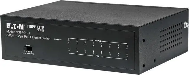 Main image of Tripp Lite Series 8-Port Desktop Unmanaged Gigabit Ethernet Network Switch with PoE+, 60W, Metal Enclosure, Plug-and-Play, Auto-Negotiable, Wall Mount Option, 3-Year Warranty (NG8POE-1)