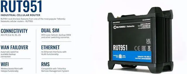 Alt view image 2 of 5 - Teltonika RUT951 Industrial 4G LTE Router - Dual SIM Failover, WiFi Hotspot, VPN & RMS Support (RUT951A00800)