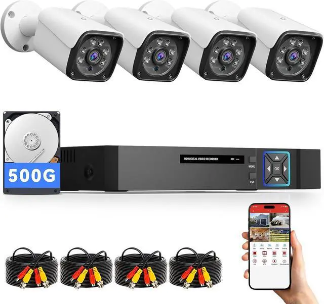 Main image of Gadpiparty Wired Security Camera System Outdoor, 4CH 5MP Lite AHD DVR with 500G Hard Drive, 4 x 5MP Wired CCTV Camera, Indoor/Outdoor Surveillance DVR Kit with Human Detection, Night Vision