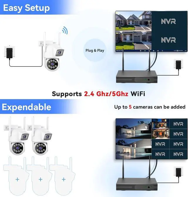 Alt view image 6 of 7 - Gadpiparty Wireless Security Camera System Outdoor, 2pcs 2K Dual Lens PTZ Auto Tracking Cameras for Home Security, 2.4G/5G WiFi, Color Night Vision, Human Detection, 10CH NVR with 500GB HDD