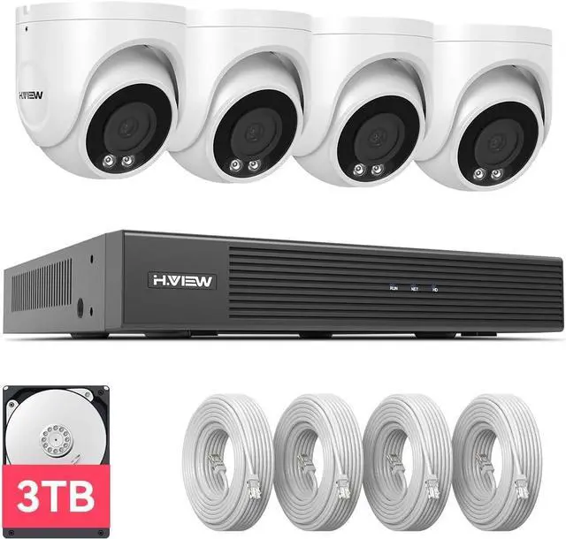 Main image of Gadpiparty H.VIEW 4K Security Camera System, 4pcs H.265 PoE Wired Turret Cameras with Person Detection, 4K/8MP 8CH NVR with 3TB HDD for 24-7 Recording,Trigger Color Night Vision, Email Alert, AI Human