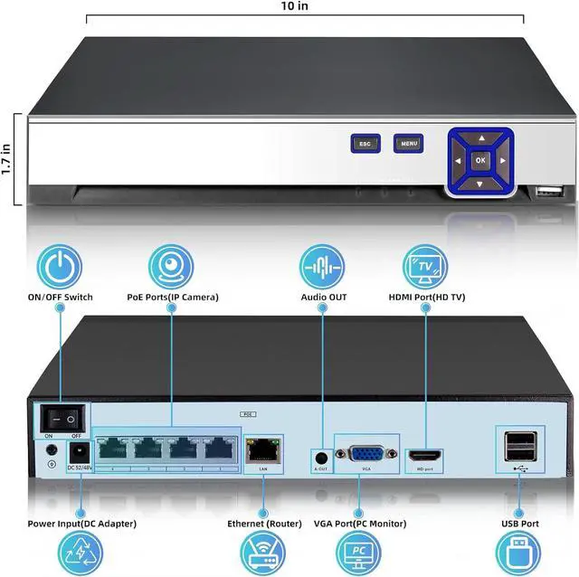 Alt view image 2 of 7 - Gadpiparty TOWODE 4CH POE Network Video Recorder for Home Security Camera System Work with 4K/2K/3MP/4MP/5MP/6MP/8MP/1080P HD IP Cameras PoE NVR, 24/7 Recording Pre-Installed 1TB Hard Drive