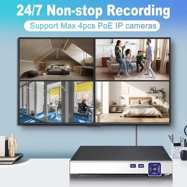 Alt view image 4 of 7 - Gadpiparty TOWODE 4CH POE Network Video Recorder for Home Security Camera System Work with 4K/2K/3MP/4MP/5MP/6MP/8MP/1080P HD IP Cameras PoE NVR, 24/7 Recording Pre-Installed 1TB Hard Drive