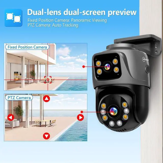 Alt view image 2 of 7 - Gadpiparty MOVOLS Dual-Lens PoE Security Camera 6MP Pan/Tilt PoE 360 Camera Outdoor, Person/Vehicle Detect, Spotlight Siren, Color Night Vision, Work Alone or Connect with Appointed NVR System