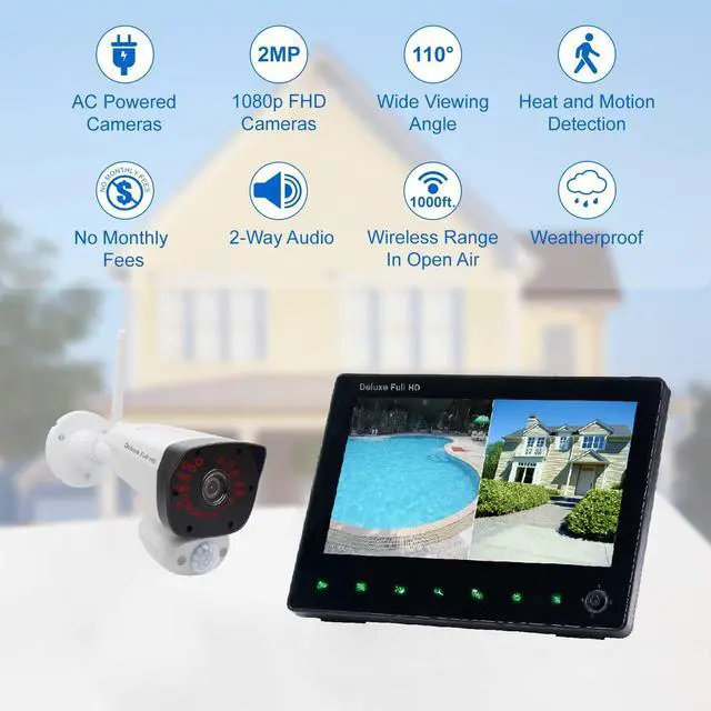 Alt view image 2 of 7 - Gadpiparty Deluxe VS5072 Wireless Security Camera System with 7" LCD Monitor and 2 pcs. 1080p HD Cameras, Two-Way Audio, Free APP, 32GB SD Card and Battery Installed
