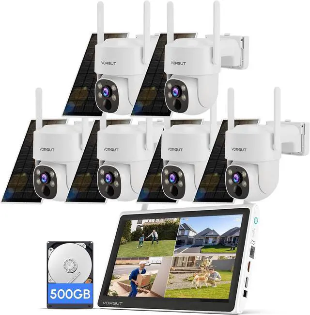 Main image of Gadpiparty Home Solar Securiy Camera System, 6pcs PTZ Wireless Battery Powered Surveillance Cameras, 10CH Monitor NVR with 500G HDD, Human Detection Outdoor Solar Wireless CCTV Kits