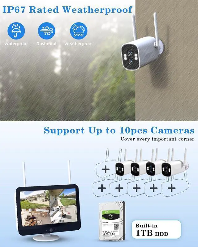 Alt view image 7 of 7 - Gadpiparty [Dual Lens 2K*2 &10X Zoom] Home Wireless Security Camera System with 12.5" LCD Monitor Outdoor, 10CH Kit with 5PCS 6MP House WiFi Security Camera 1TB HDD Spotlight Two Way Audio Motion Det