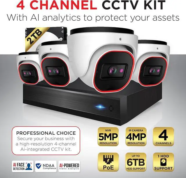 Alt view image 2 of 7 - Gadpiparty Surveillance Camera System with AI Object Recognition  4CH NVR, 4 x 4MP PoE CCTV Cameras, HDD-2TB, Dome/Turret, H.265, Audio, Hybrid LED, IP67 Waterproof, IR 20m