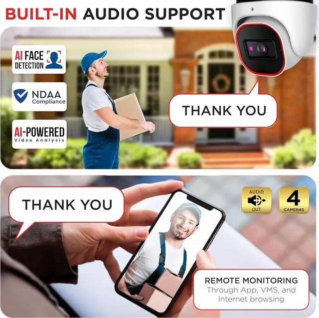 Alt view image 3 of 7 - Gadpiparty Surveillance Camera System with AI Object Recognition  4CH NVR, 4 x 4MP PoE CCTV Cameras, HDD-2TB, Dome/Turret, H.265, Audio, Hybrid LED, IP67 Waterproof, IR 20m