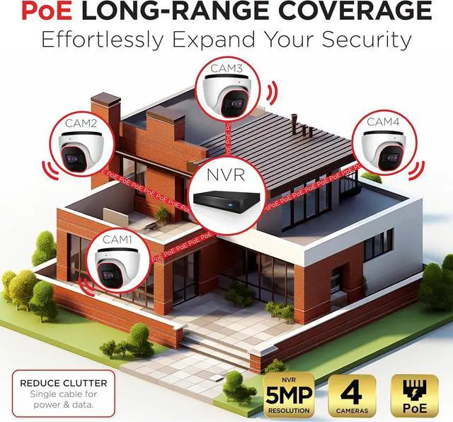 Alt view image 7 of 7 - Gadpiparty Surveillance Camera System with AI Object Recognition  4CH NVR, 4 x 4MP PoE CCTV Cameras, HDD-2TB, Dome/Turret, H.265, Audio, Hybrid LED, IP67 Waterproof, IR 20m