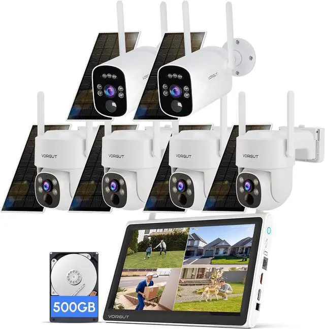 Main image of Gadpiparty Home Solar Securiy Camera System, 4pcs PTZ & 2pcs Bullet Wireless Battery Powered Surveillance Camera, 10CH Monitor NVR with 500G HDD, Human Detection Outdoor Solar Wireless CCTV Kits