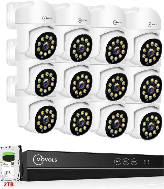 Main image of Gadpiparty MOVOLS PoE Security Camera System, 12 x 8MP(4K) Pan/Tilt PoE 360 Camera Outdoor, Person/Vehicle Detect, Spotlight Siren, Color Night Vision, 8CH 8MP NVR with 2TB HDD