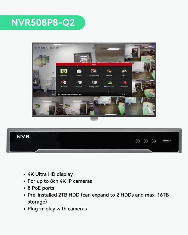 Alt view image 3 of 7 - Gadpiparty LINOVISION Commercial Security Camera System with 8 Channel 4K Hik Connect NVR, (4) 6MP Outdoor PoE Dome Cameras with Mic for One Way Audio, 2TB HDD, Guarding Vision App, Surveillance for