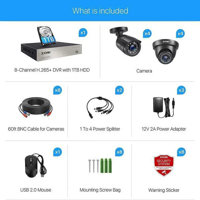 Alt view image 2 of 7 - Gadpiparty ZOSI 8CH 5MP Lite Security Camera System Outdoor, 8 Channel H.265+ 5MP Lite CCTV DVR with 1TB Hard Drive and 8X1920TVL 1080P Home Surveillance Cameras,80ft Night Vision,Remote Access