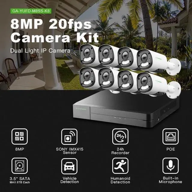 Alt view image 2 of 7 - Gadpiparty GA-YUFD-M8SS-K8 4K 8MP POE Security Camera System, Smart NVR with Human & Vehicle Detection, Dual Light Alarm, Color Night Vision (8)
