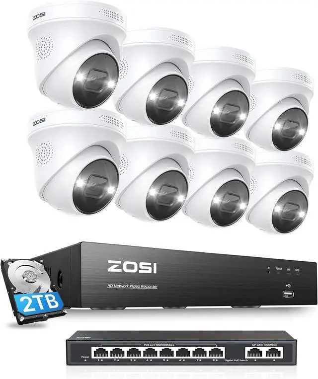 Main image of Gadpiparty ZOSI 4K Security PoE Camera System with Person Vehicle Detection,8pcs 4K Outdoor Indoor IP Cameras, 8 Port Gigabit PoE Switch