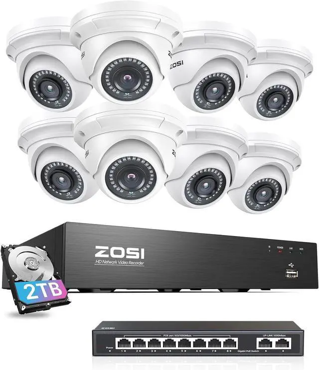 Main image of Gadpiparty ZOSI 4K PoE Security Camera System with 2TB Hard Drive,8 Port Gigabit PoE Switch with 2 Gigabit Uplink Port