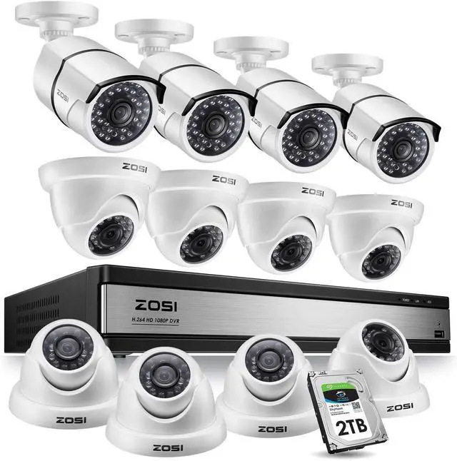 Main image of Gadpiparty ZOSI 16Channel 1080P HD Security Camera System 2TB Hard Drive, 16CH 4-in-1 DVR with 4 Bullet Cameras, 8 Dome Cameras Waterproof Surveillance Indoor Outdoor Cameras, Remote Home Monitoring