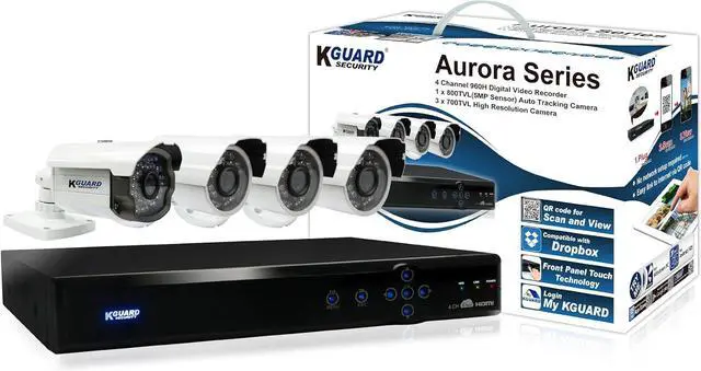 Main image of Gadpiparty AR421-CKT001-500GB Aurora Series Home Security System 4 Channel QR Cloud 960H DVR with 1x 800TVL Auto Tracking 3x 700TVL Cameras 500G HDD (Black)
