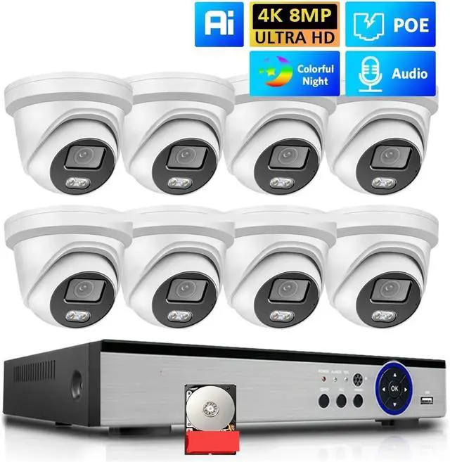 Alt view image 2 of 7 - Gadpiparty 8CH CCTV Security Camera System 4K POE NVR Kit Audio Waterproof Indoor Outdoor Dome IP Camera 8mp Color Night Camera Set(None,8CH NVR x 4PCS 2K)
