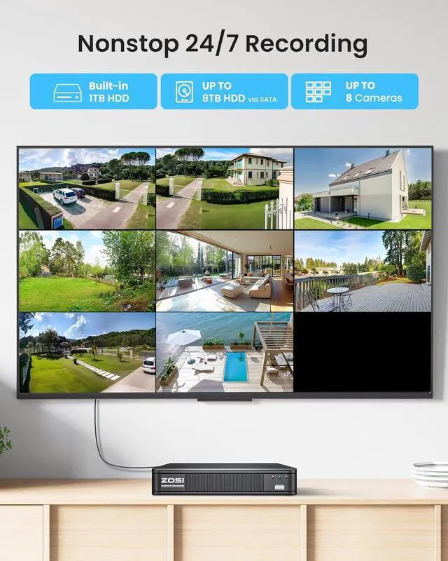 Alt view image 5 of 7 - Gadpiparty ZOSI 5MP 3K Lite CCTV Security Camera System with AI Human Vehicle Detection, 8CH H.265+ DVR and 4 x 1080p Surveillance Bullet Cameras Outdoor Indoor, 100ft Night Vision, IP66 Weatherproof