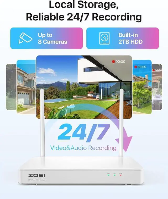 Alt view image 7 of 7 - Gadpiparty ZOSI 4MP 2.5K QHD WiFi Security Camera System Outdoor, 8 Channel H.265+ NVR with 2TB HDD for 24/7 Record, 8 X 4MP Wireless Camera, Color Night Vision, Plug-in, AI Detection, 2-Way Audio, S