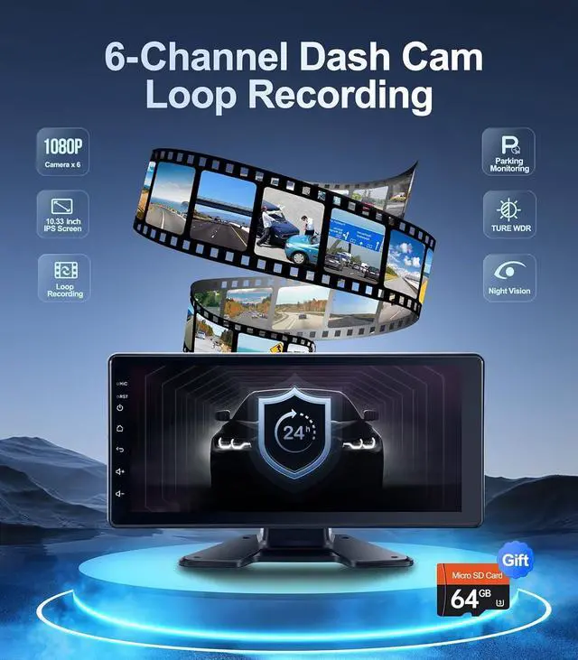 Alt view image 4 of 6 - Gadpiparty 6-Channel Dash Cam 1080P Backup Camera System with 10.33 Inch Touch Parking Monitor,DVR Recording Back Up Camera for RV/Truck/Trailer/Van/SUV/Cars,Wireless Carplay/Android Auto/WiFi/Blueto