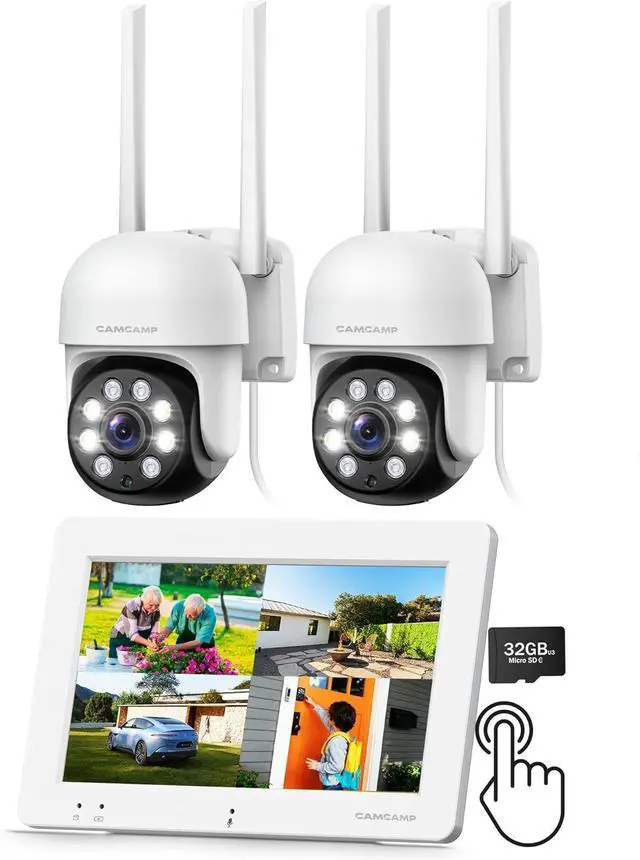 Main image of Gadpiparty Camcamp All-in-One Security Camera System with 7" Touchscreen Monitor, 2pcs 2K 4MP Security Cameras, No WiFi Required, 32GB SD, Color Night Vision 24/7 Record, 2-Way Audio Motion Detection