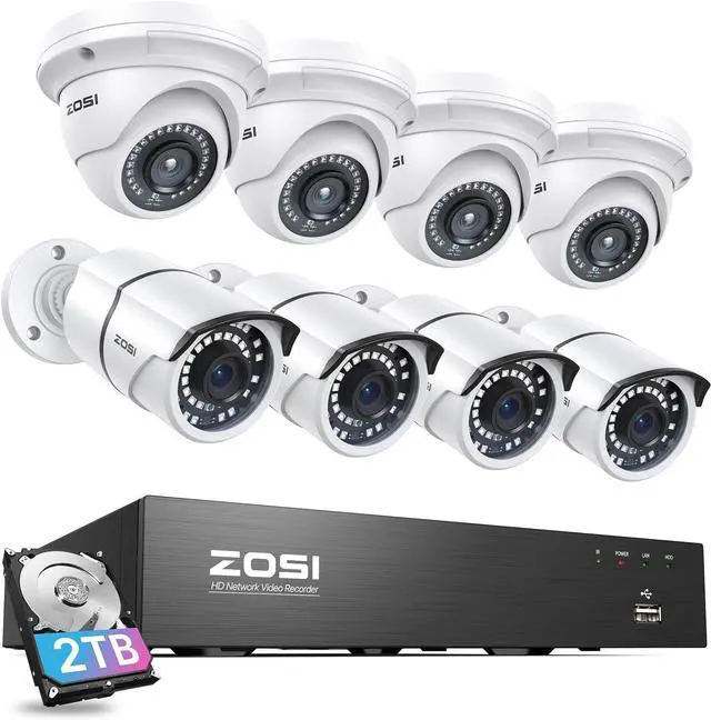 Main image of Gadpiparty ZOSI 4K 8CH PoE Security Camera System, 8 Ports 16CH 8MP NVR Recorder with 2TB HDD, 8pcs Weatherproof 5MP Outdoor Indoor Home Surveillance IP Cameras, Night Vision, Motion Alert, for 24/7
