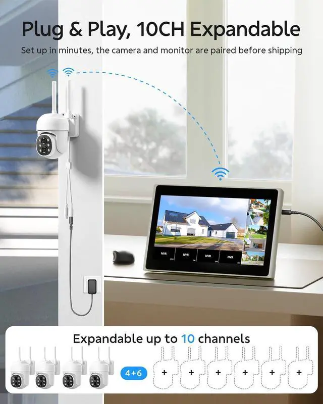 Alt view image 5 of 7 - Gadpiparty 2K Security Camera System Wireless Outdoor with 10 IPS Monitor, 8pcs Dual Lens PTZ Security Camera,10x Hybrid Zoom, Auto Tracking, 2 Way Audio, Color Night Vision, No Subscription, 500GB