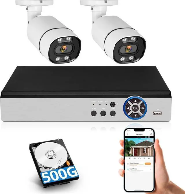 Main image of Gadpiparty Fuers 8CH Security Camera System,H.265+ Surveillance Video Recorders with 2 x 2592P 5MP Wired IP66 Bullet Cameras,for Indoor Outdoor Use,500G HDD Included, Email Alert,Mobile APP & PC Remo