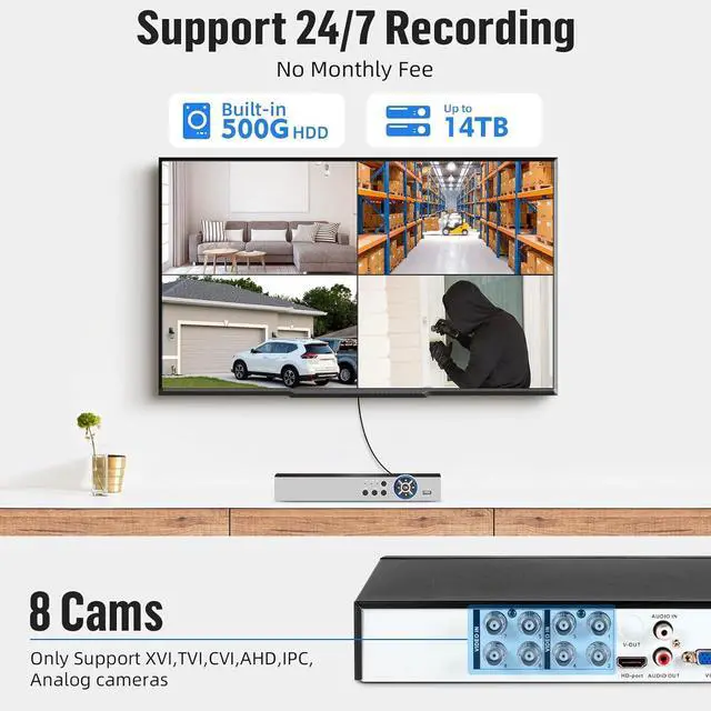 Alt view image 3 of 7 - Gadpiparty Fuers 8CH Security Camera System,H.265+ Surveillance Video Recorders with 2 x 2592P 5MP Wired IP66 Bullet Cameras,for Indoor Outdoor Use,500G HDD Included, Email Alert,Mobile APP & PC Remo
