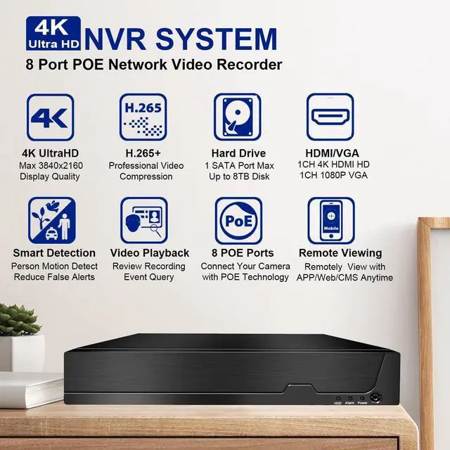 Alt view image 2 of 7 - Gadpiparty 8CH POE NVR for Home Security Camera System, 4K H.265 Network Video Recorder Work with 12MP/8MP/5MP/4MP/3MP/1080P HD POE IP CamerasRemote Access, 24/7 Recording, Support up to 8TB HDD (No