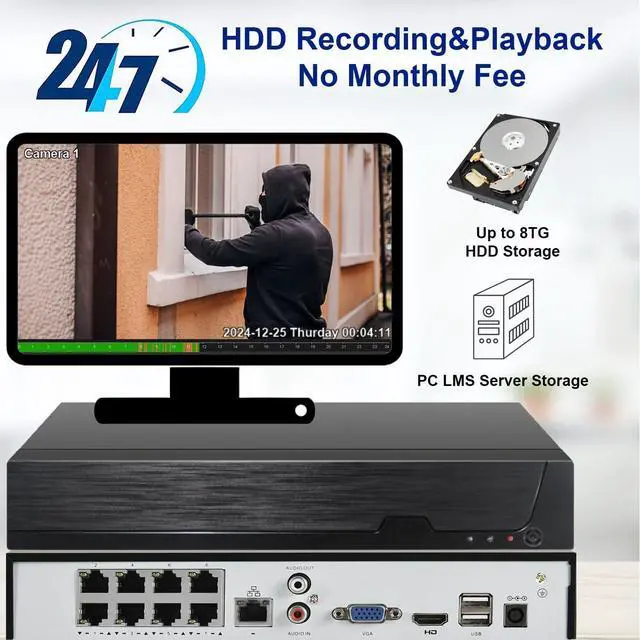 Alt view image 4 of 7 - Gadpiparty 8CH POE NVR for Home Security Camera System, 4K H.265 Network Video Recorder Work with 12MP/8MP/5MP/4MP/3MP/1080P HD POE IP CamerasRemote Access, 24/7 Recording, Support up to 8TB HDD (No