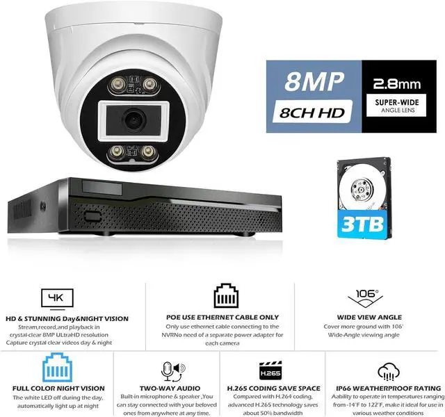 Alt view image 2 of 7 - Gadpiparty 8MP 2.8mm Wide Angle Lens 2-Way Audio Security Dome 4K Camera System,8CH With 3TB Hard Drive NVR & 4pcs 8MP POE Waterproof Camera for Home Security,AI Color Night Vision,24/7 Recording,APP