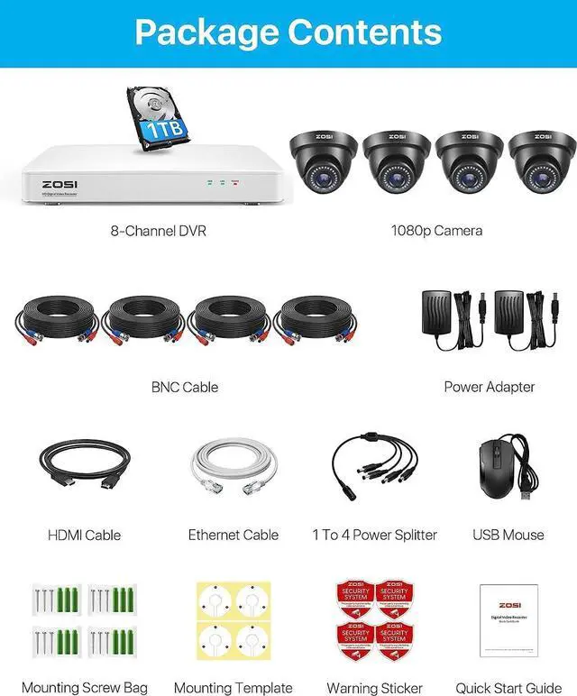 Alt view image 2 of 7 - Gadpiparty ZOSI 1080P 8 Channel Security Camera System with 1TB HDD,H.265+ 3K Lite 8CH Security DVR Recorder with 4pcs 1080P 1920TVL HD-TVI Dome Security Cameras Indoor Outdoor Home Surveillance 2MP