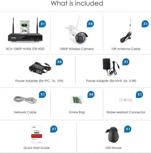 Alt view image 7 of 7 - Gadpiparty ZOSI 1080P Wireless Security Camera System H.265+ 8Channel 1080P CCTV NVR and 4PCS 2.0MP 1080P Weatherproof Bullet IP WiFi Cameras 65ft Night Vision, 2TB Hard Drive, Customizable Motion De