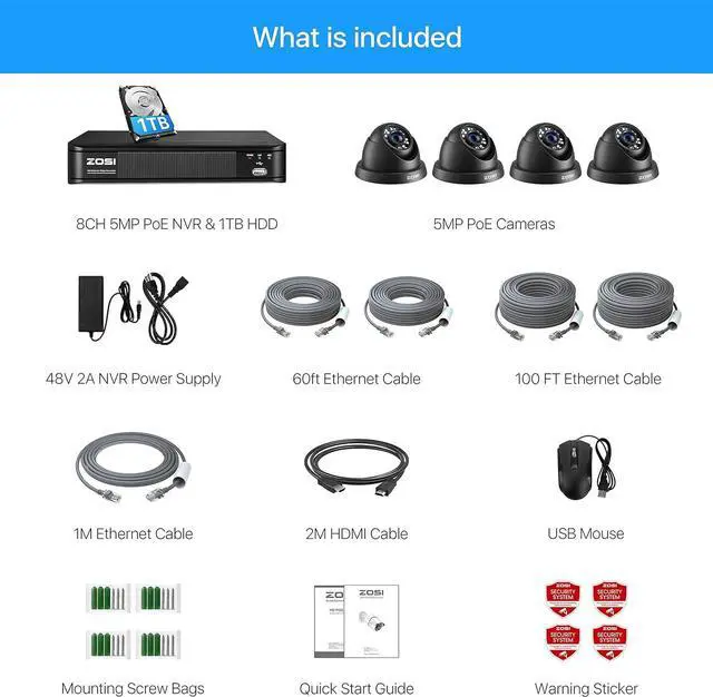 Alt view image 2 of 7 - Gadpiparty ZOSI H.265+ 5MP 2K PoE Security Camera System Outdoor Indoor,8 Channel PoE NVR with Hard Drive 1TB for 24/7 Recording and 4 x 5MP(2K) Weatherproof Dome PoE IP Cameras, Motion Detection, Al