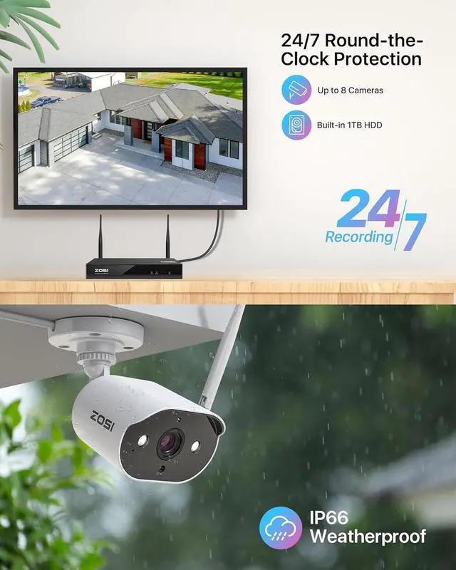 Alt view image 6 of 7 - Gadpiparty ZOSI 8CH 2K Wireless Security Camera System with 1TB HDD,6X 3MP WiFi Indoor Outdoor Cameras,Two-Way Audio,Color Night Vision,Light & Siren Alarm,2K H.265+ 8CH NVR Recorder for Home 24/7 Re