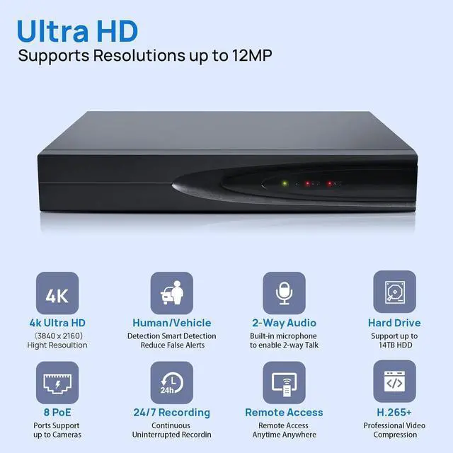 Alt view image 2 of 6 - Gadpiparty PG108H-8P 4K (8MP) 8 Channel Network Video Recorder for POE Security Camera System, 8CH NVR with AI Motion Detection, Easy Remote Access, Smart Playback,Supports up to 14TB HDD (Not Includ