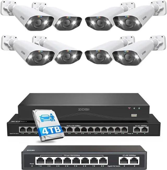 Main image of Gadpiparty ZOSI 24CH 8pcs 4K PoE Security Bullet Camera System,16 Port 24CH 8MP NVR with 4TB HDD &16 Port Gigabit PoE Switch & 8 Port Gigabit PoE Switch, Face/Person/Vehicle Detection, for 24/7 Recor
